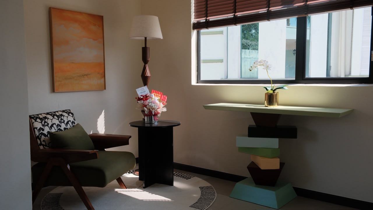 Reading corner with orange artwork